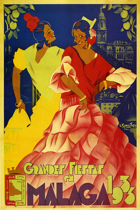 Malaga Spain Fashion Dance 1933 Travel Tourism Vintage Poster